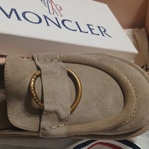 Moncler Taupe Suede Loafers with Gold Ring